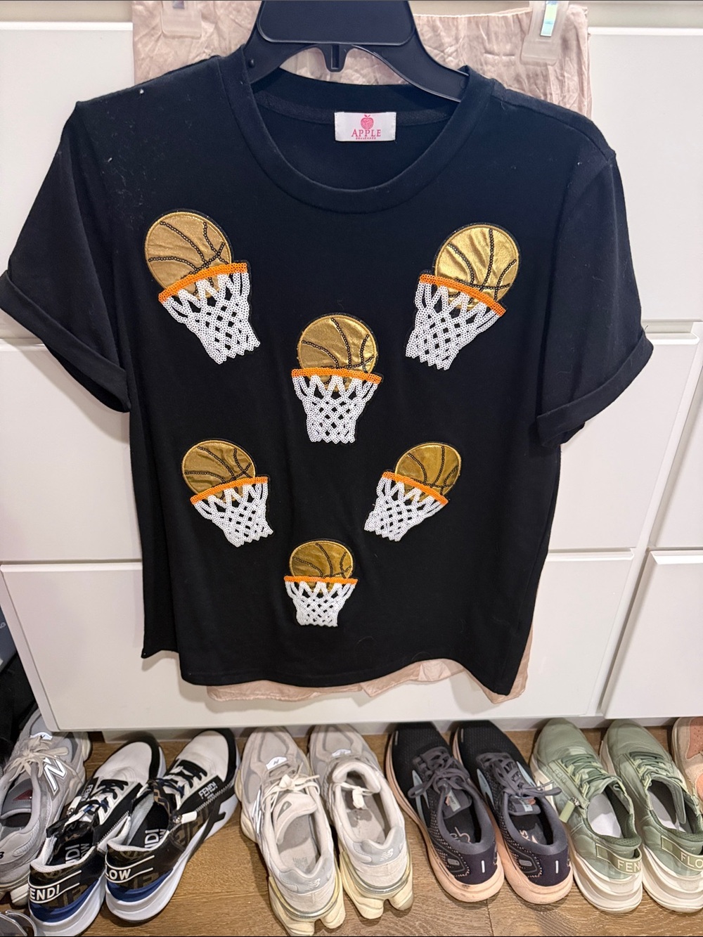 Apple Black Short Sleeve Tee with Gold Basketball Appliqués